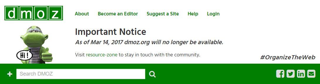 Screenshot showing DMOZ home page with notification it will no longer be available from 14 March 2017