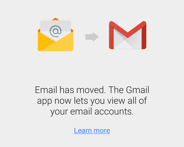 Android Email App alert to say it's been replaced by the Gmail App