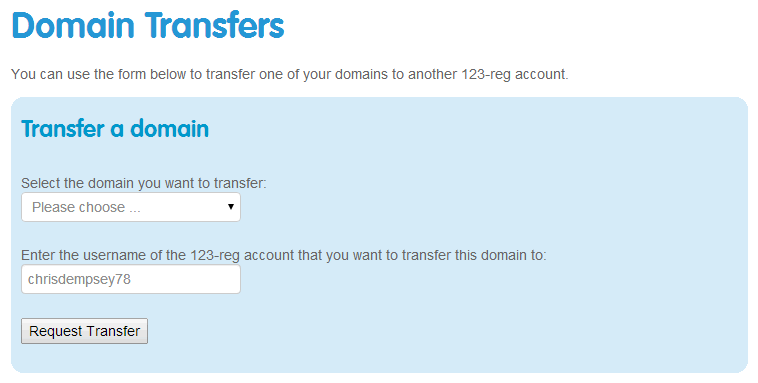 Screenshot showing 123-Reg inter-account domain transfer request